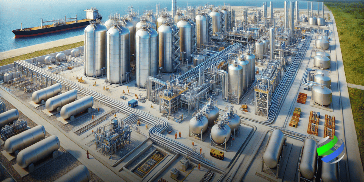 modern LNG facility, including large storage tanks, pipelines, and processing units near a coastal setting